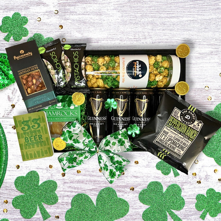 st. patrick's day gift basket featuring Guinness beer and snacks