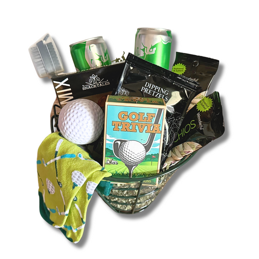 golf gift basket filled with snacks, drinks, golf club cleaner, golf trivia cards, socks and stress golf ball