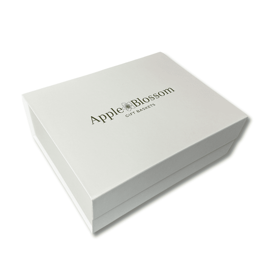 White soft touch magnetic close Gift Box.  build your own personalized gift box.  Seattle Area Apple Blossom Gift Baskets