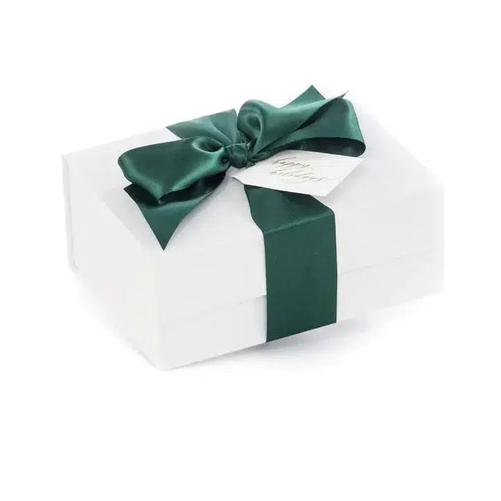 Thoughtful and Mindful white soft touch magnetic closure signature gift box by Apple Blossom Gift Baskets wrapped with a satin hand tied bow