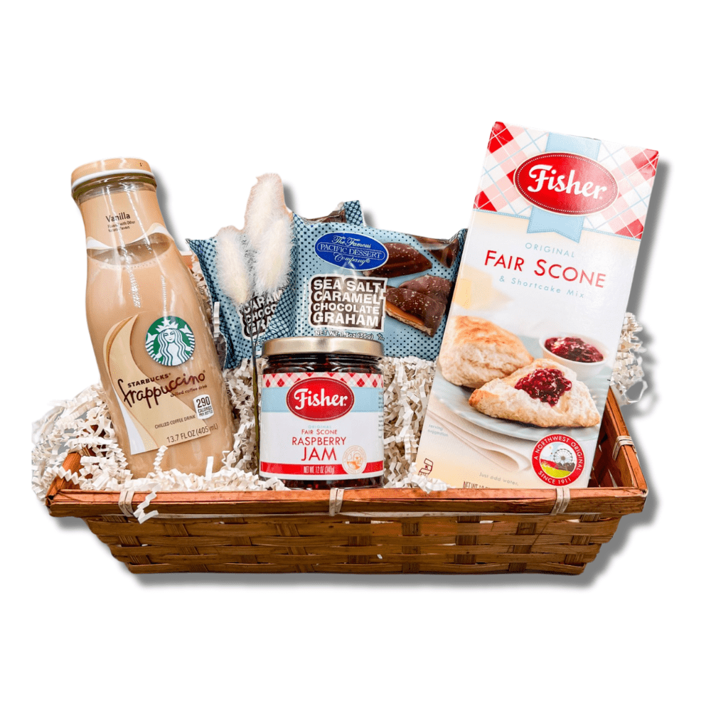 Washington scone basket includes a box f signature Fisher scone mix, Fisher scone jam, Starbucks Frappuccino, and chocolate grahams