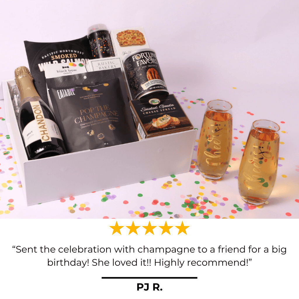 Our best-selling luxury champagne gift box with a 5-star review! A sophisticated selection of gourmet treats and a bottle of Chandon make it a perfect retirement, housewarming, or holiday gift.