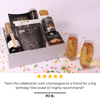 Our best-selling luxury champagne gift box with a 5-star review! A sophisticated selection of gourmet treats and a bottle of Chandon make it a perfect retirement, housewarming, or holiday gift.