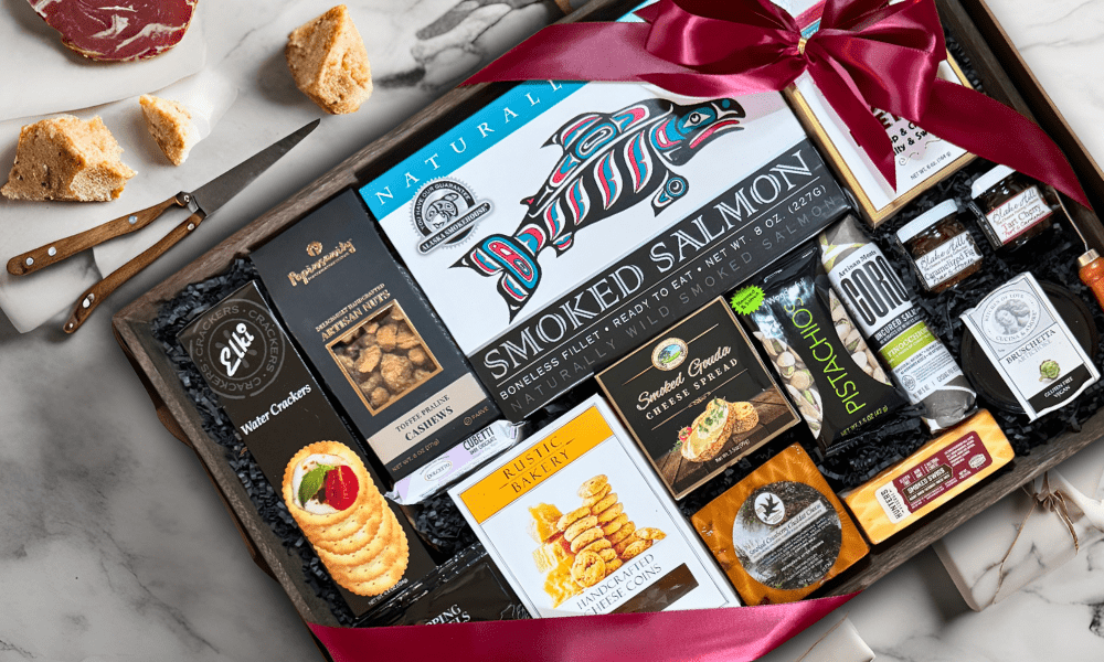 charcuterie gift basket with crackers, nuts, smoked salmon, snacks and more made in Washington