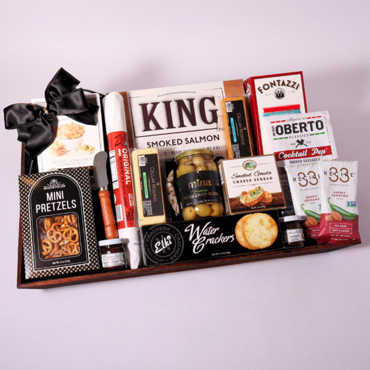 Gourmet Charcuterie Collection Tray featuring locally sourced snacks from Washington, including smoked salmon, artisan salami, and infused almonds—perfect for corporate gifting, holiday celebrations, or a unique housewarming gift basket.