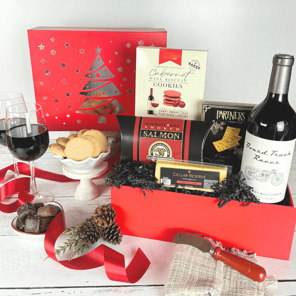 holiday wine and snack gift box including mark ryan red wine, wine biscuts, smoked cheese, crackers, smoked salmon and chocolate caramels