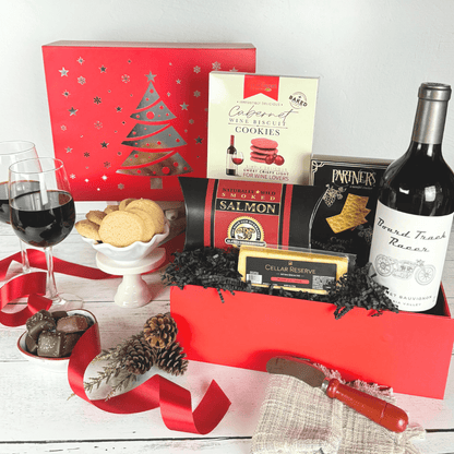 holiday wine and snack gift box including mark ryan red wine, wine biscuts, smoked cheese, crackers, smoked salmon and chocolate caramels