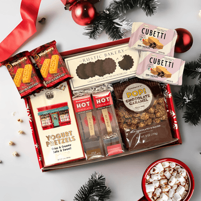 Employee Gift: Christmas snack and cocoa gift box with popcorn, cookies, cocoa, yogurt pretzels and wafer cookies in a decorative holiday gift box.  Made in Washington