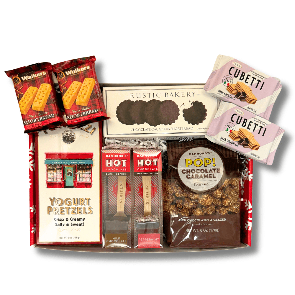 Employee Gift: Christmas snack and cocoa gift box with popcorn, cookies, cocoa, yogurt pretzels and wafer cookies in a decorative holiday gift box.  Made in Washington