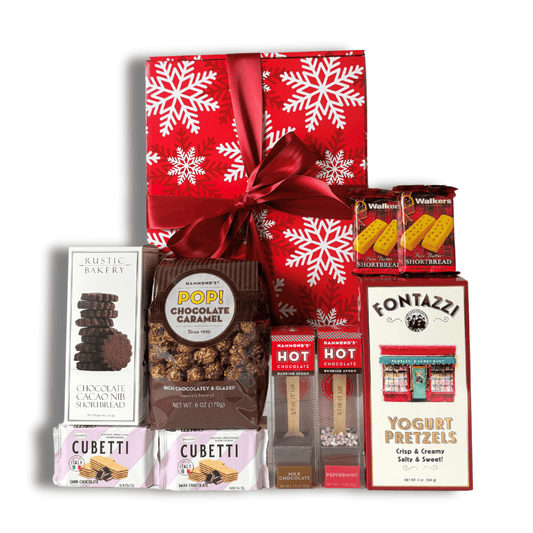 Employee Gift: Christmas snack and cocoa gift box with popcorn, cookies, cocoa, yogurt pretzels and wafer cookies in a decorative holiday gift box.  Made in Washington