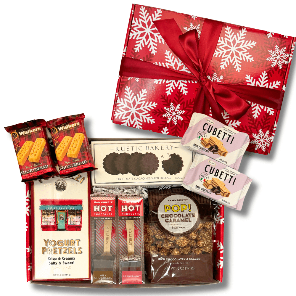 Employee Gift: Christmas snack and cocoa gift box with popcorn, cookies, cocoa, yogurt pretzels and wafer cookies in a decorative holiday gift box.  Made in Washington