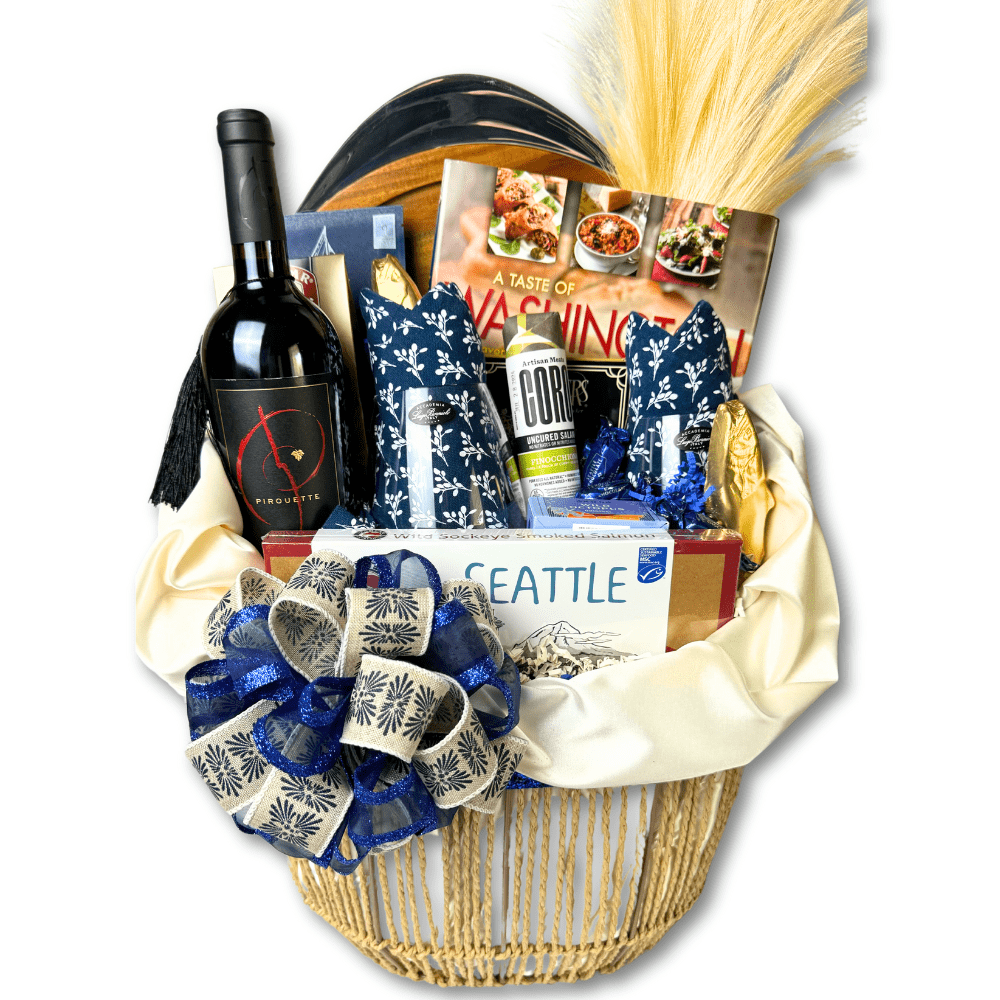 custom seattle gift basket with wine, salmon, crackers and chocolate