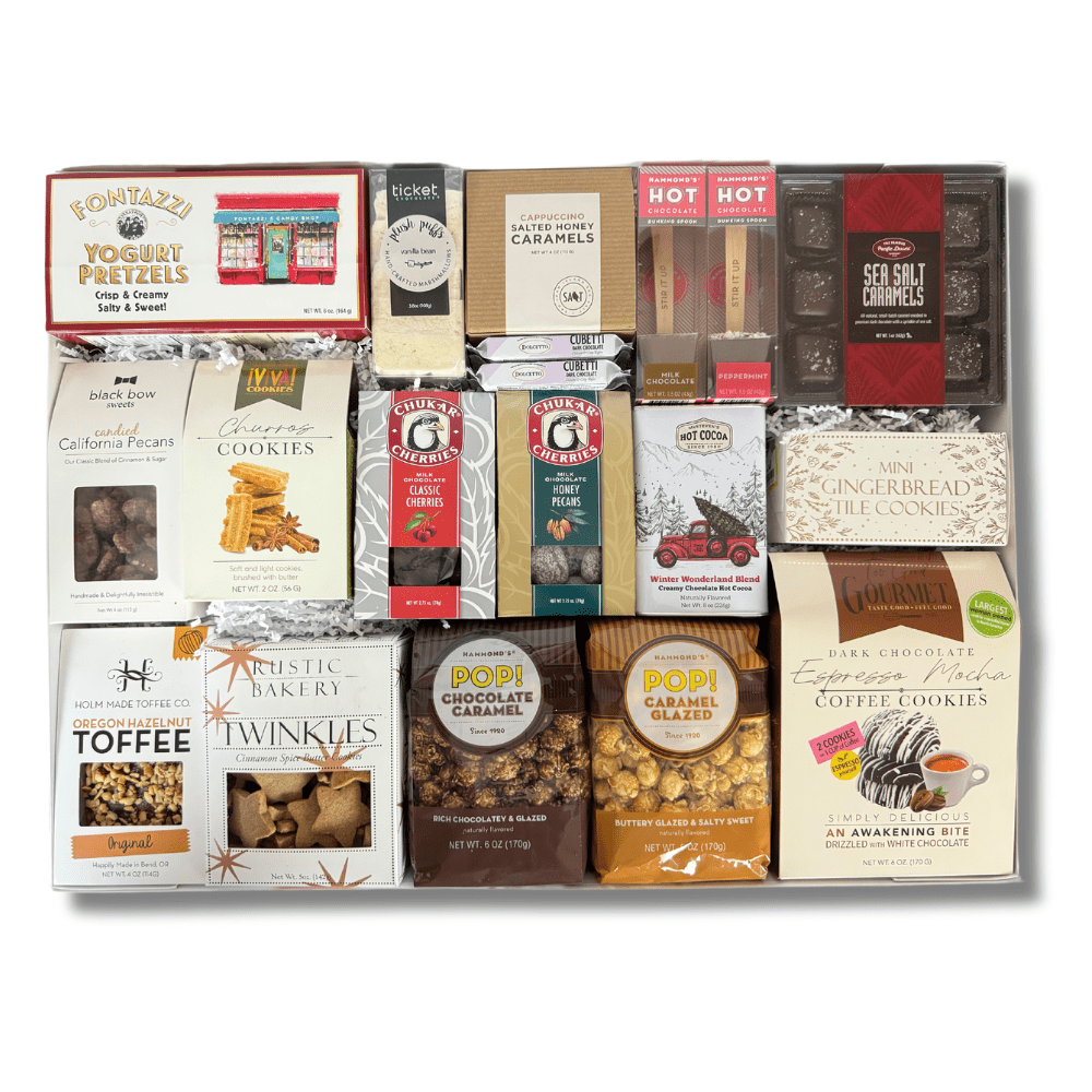 deluxe sweet charcuterie gift box is a giant gift box loaded with popcorn, cookies, toffee, chocolates, candied nuts, yogurt pretzels and more.  Great for a family or for people to share.