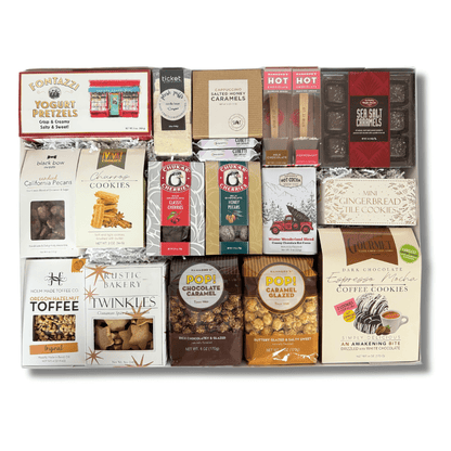 deluxe sweet charcuterie gift box is a giant gift box loaded with popcorn, cookies, toffee, chocolates, candied nuts, yogurt pretzels and more.  Great for a family or for people to share.