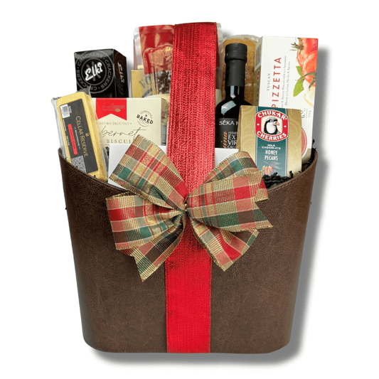 gourmet Italian themed gift basket with olive oil, French bread, pasta, cheese, crackers, wine  and cookies made in WA