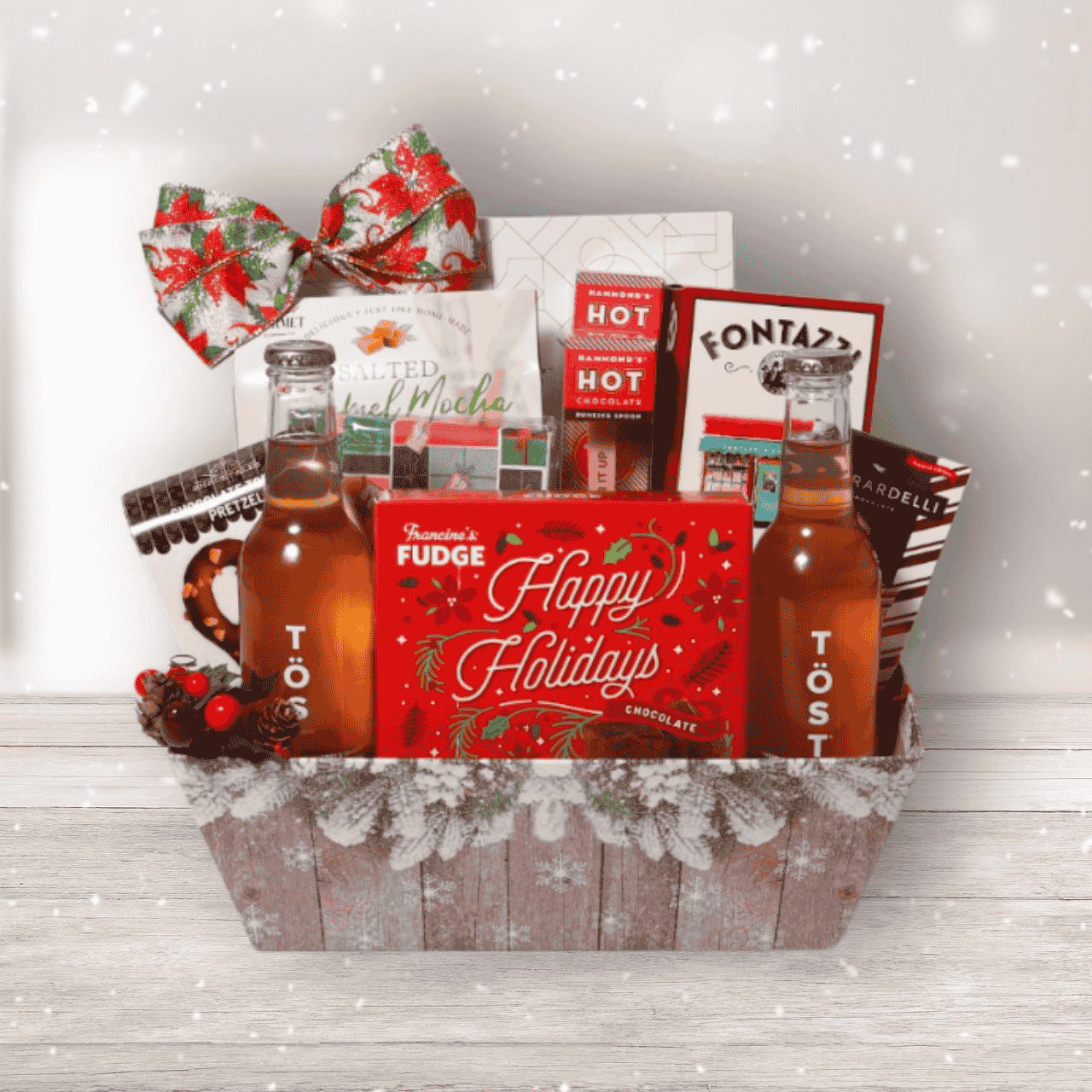 Christmas Chocolate and Snack Gift Box with fudge, yogurt pretzels, caramel mocha cookies, and holiday napkins, perfect for festive celebrations.