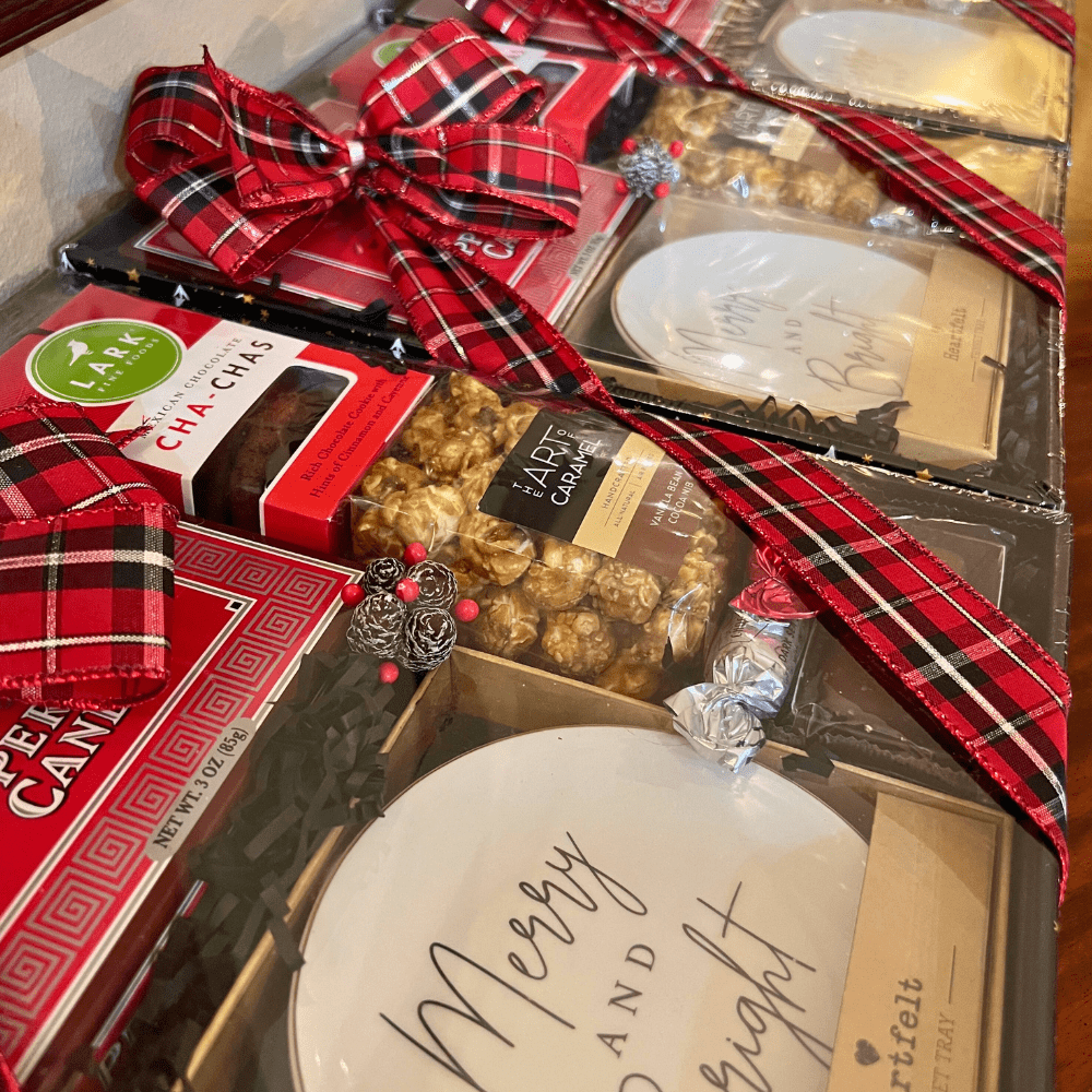 Thank you holiday gift box with gourmet popcorn, peppermint candies, cookies, chocolate caramels and a holiday snack dish