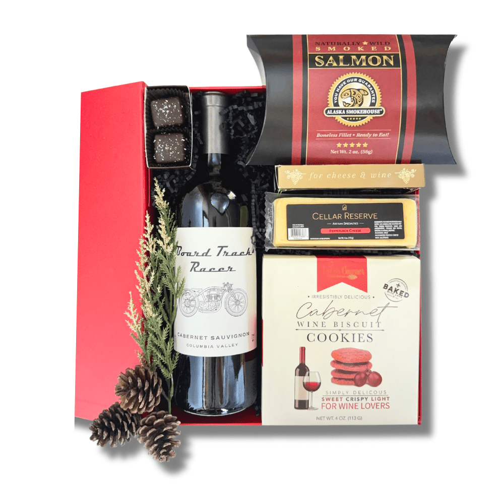 holiday wine and snack gift box including mark ryan red wine, wine biscuts, smoked cheese, crackers, smoked salmon and chocolate caramels