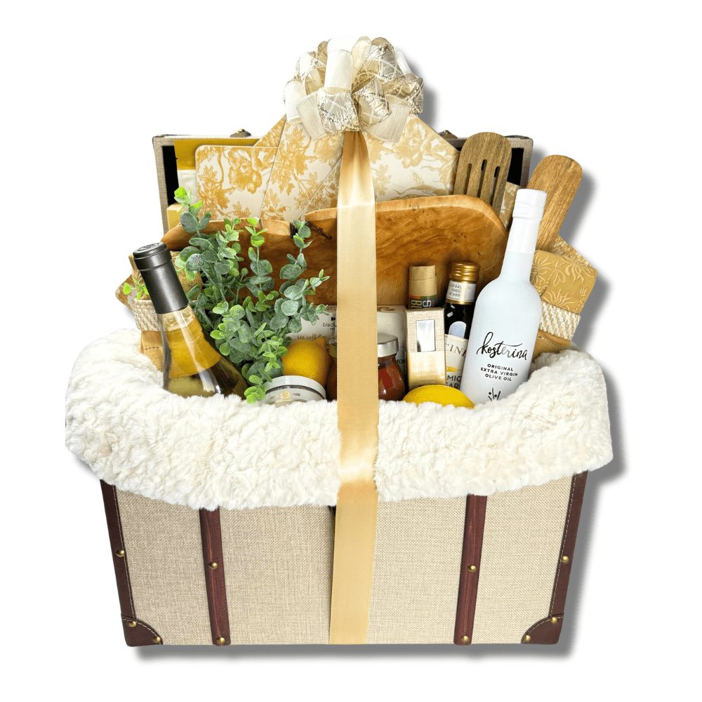 VIP housewarming custom gift basket.  We designed this gift around high end kitchen and home gods along with loading with with dinner, gourmet snacks and wine made in WA.