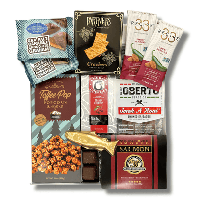 made in washington gift box with local snacks caramel corn, pepperoni sticks, smoked salmon, solid chocolate salmon, smoked almonds, chocolates, crackers and more.