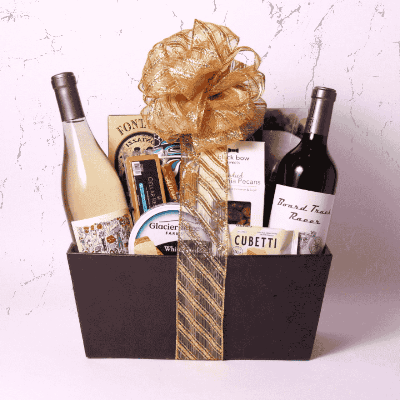 Gourmet gift tray featuring two Mark Ryan wines from Washington’s Columbia Valley, Vincent Red and Pinot Gris, paired with premium cheese, smoked salmon, nuts, and water crackers for a luxurious tasting experience.