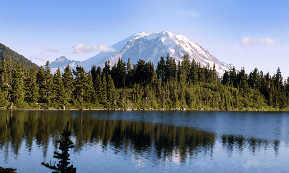 beautiful image of mt. rainier behind water and trees with a blue sky in Washington