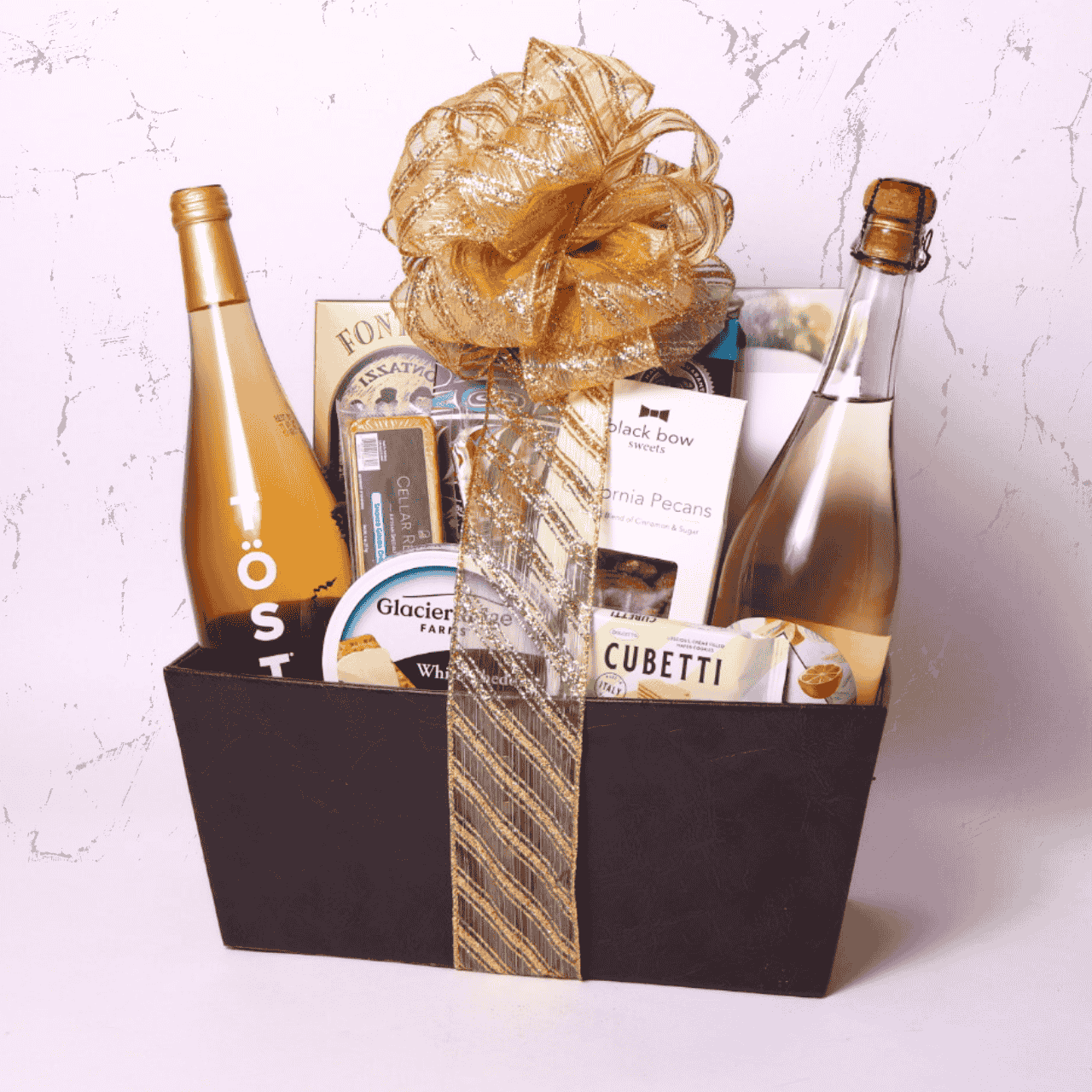 Luxurious faux leather gift basket featuring non-alcoholic sparkling beverages, artisan cheese made in WA, smoked salmon, and gourmet snacks for a refined and thoughtful gift.