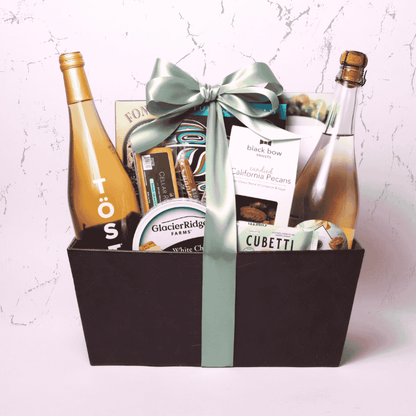 Non-Alcoholic Wine Gift Basket in faux leather tote with TÖST Sparkling White Tea, Florentina Sparkling Spritz, and gourmet treats made in WA, ideal for client or family gifting.