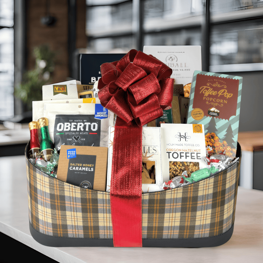 office holiday snacks gift basket loaded with snacks for everyone to share at the office and includes chocolates, popcorn, jerky, caramels, cookies and more