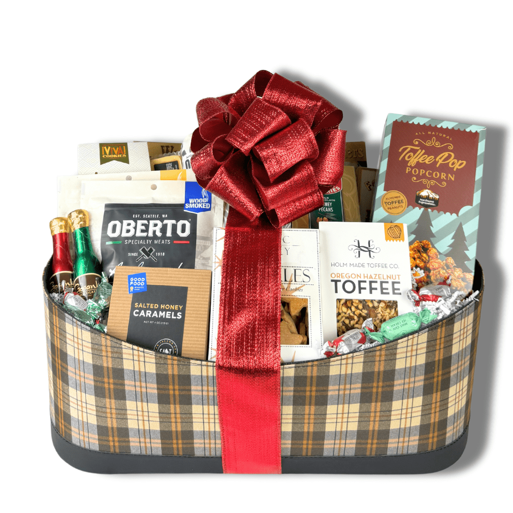 office holiday snacks gift basket loaded with snacks for everyone to share at the office and includes chocolates, popcorn, jerky, caramels, cookies and more