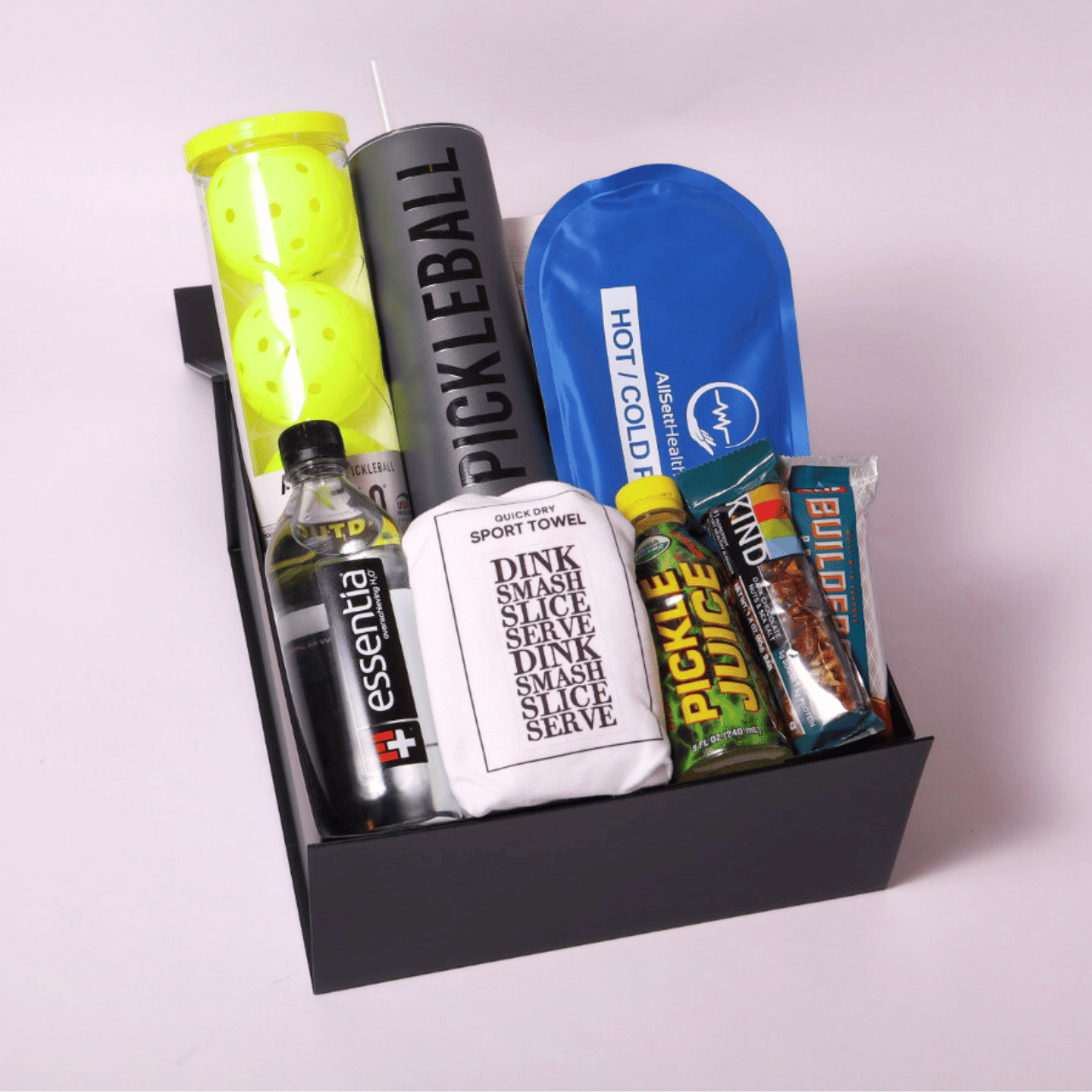 Pickleball gift basket in a signature gift box, featuring a quick-dry athletic towel, Franklin X-40 balls, protein bars, and a pickleball-themed tumbler—perfect for pickleball enthusiasts.