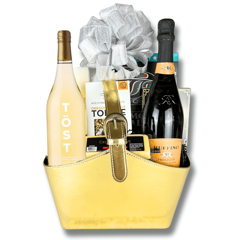 champagne and sparkling whte tea gift baskets with toffee, smoked salmon, crackers and cheese