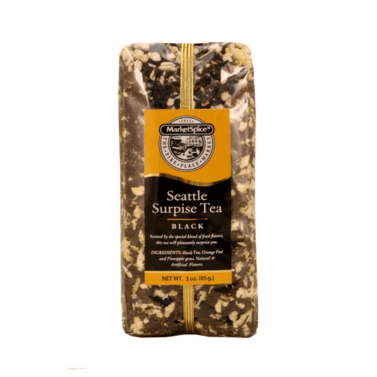 Seattle Surprise Loose Tea in a heat-sealed 3.5oz cellophane bag with a matching label and decorative ribbon. Scented by the special blend of fruit flavors, this tea will pleasantly surprise you.  Made in Washington