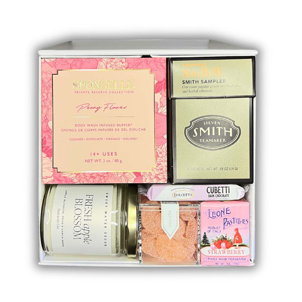 self care gift box with body buffer, wafer cookies, tea, candies, candle and mints.  - Apple Blossom Gift Baskets