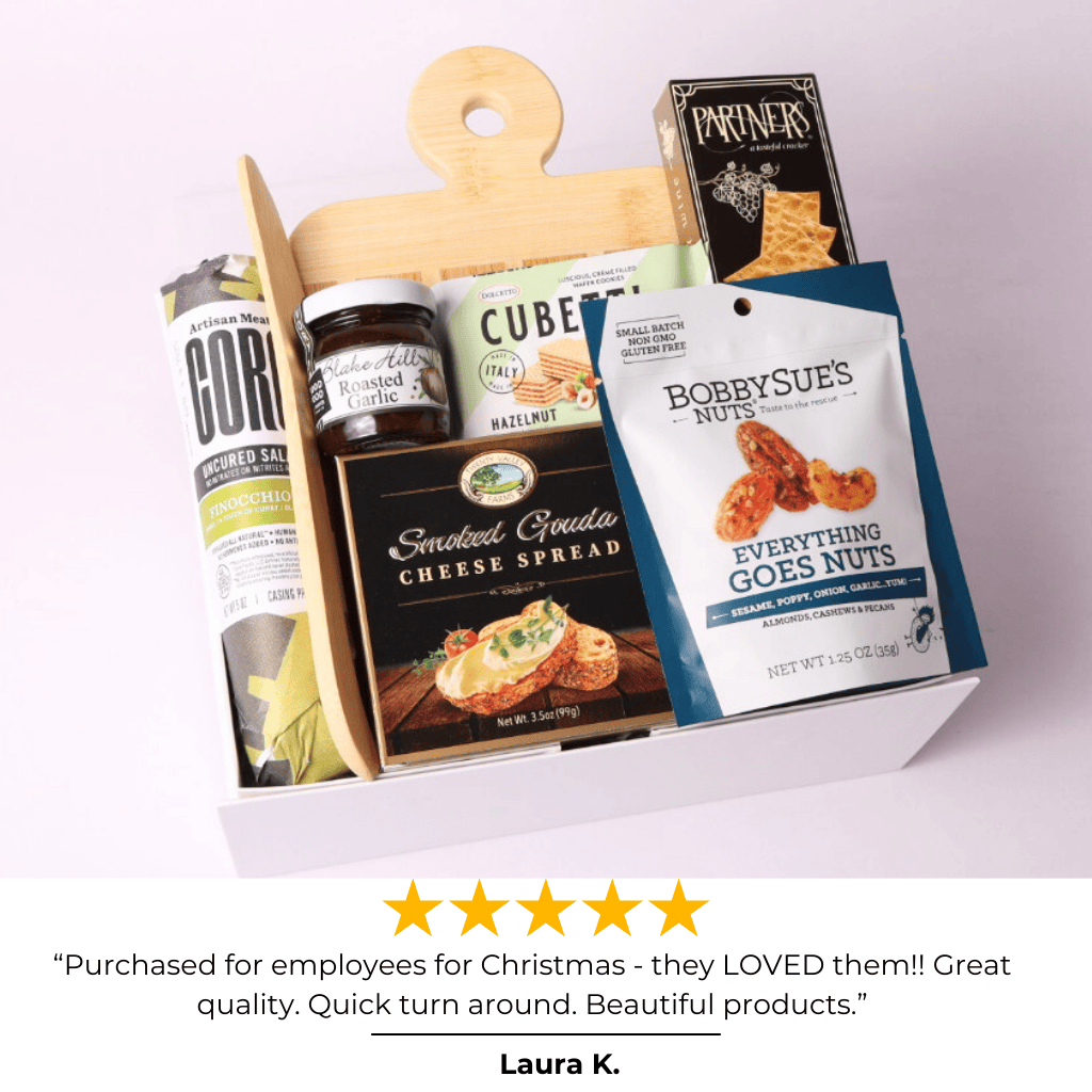 Simply Savory Gift Box with a 5-star review, showcasing its gourmet selection of Washington made salami, cheese spread, crackers, and more, perfect for hostess or housewarming gifts.