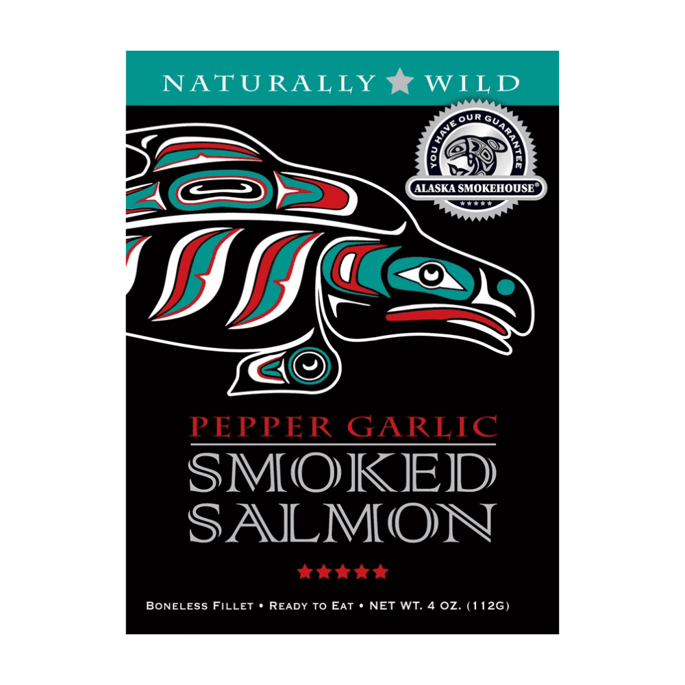 Smoked salmon pepper garlic in a black box 4oz. Wild caught in Alaska and packaged in Woodinville, WA