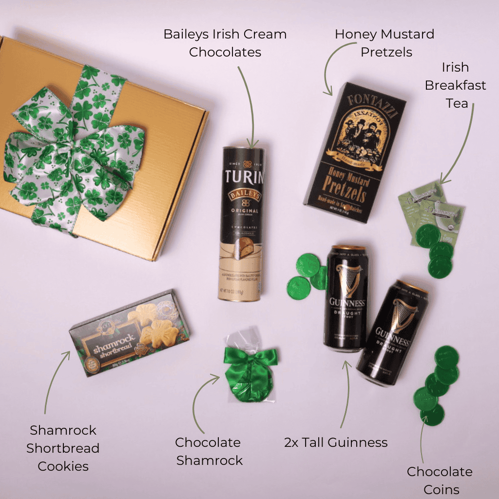 A top-down view of the St. Patrick’s Day gift box, showcasing Irish-inspired treats, Guinness cans, and festive chocolate coins, perfect for St. Paddy’s celebrations.