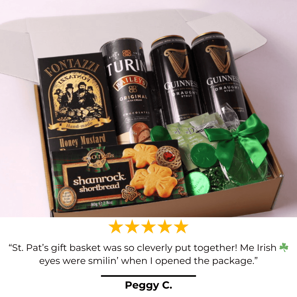 A satisfied customer raves about this St. Patrick’s Day gift box, filled with authentic Irish treats, Guinness, and festive chocolates, calling it the ultimate Irish celebration gift.