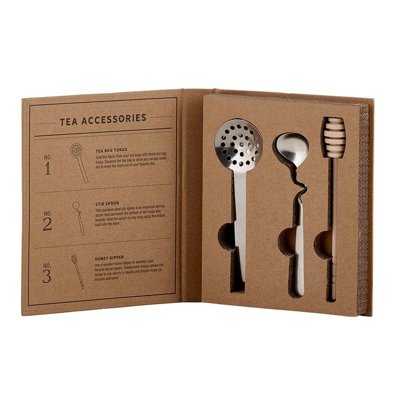 tea accessories book box includes tea strainer, stir spoon and honey dipper - apple blossom gift baskets