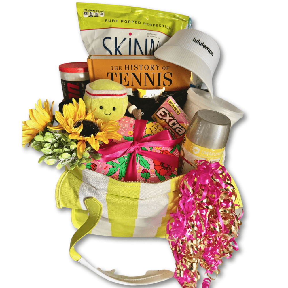 tennis gift bag included: spa and body kit, sports water, tennis balls, tennis book, lululemon visor, and sunflower bouquet