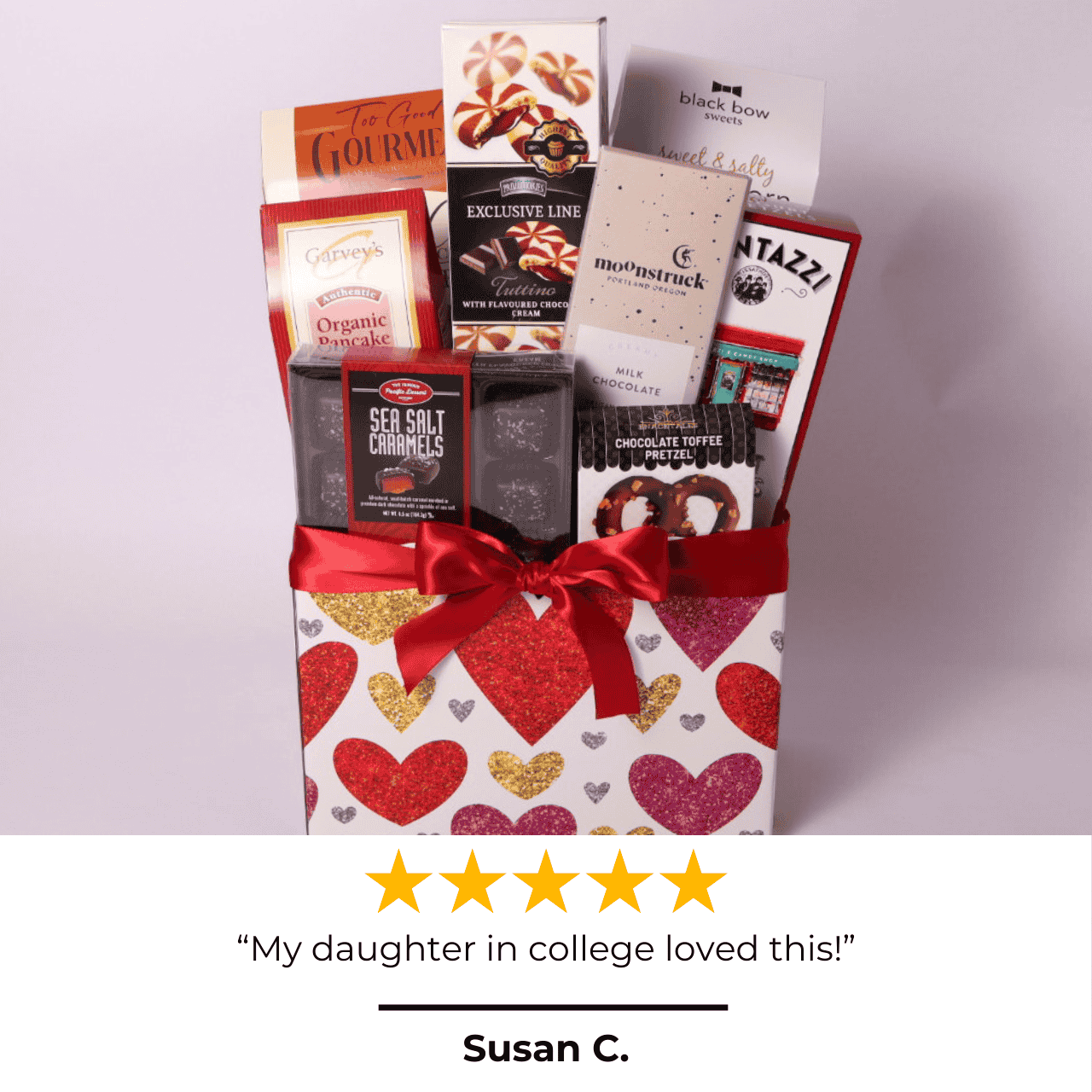 Beautifully curated made in Washington Valentine's Day gift box with a glowing 5-star review. Packed with indulgent treats like chocolate brownie cookies, gourmet popcorn, and sea salt caramels, this gift basket is the perfect college care package, snack box, or thoughtful surprise for her.