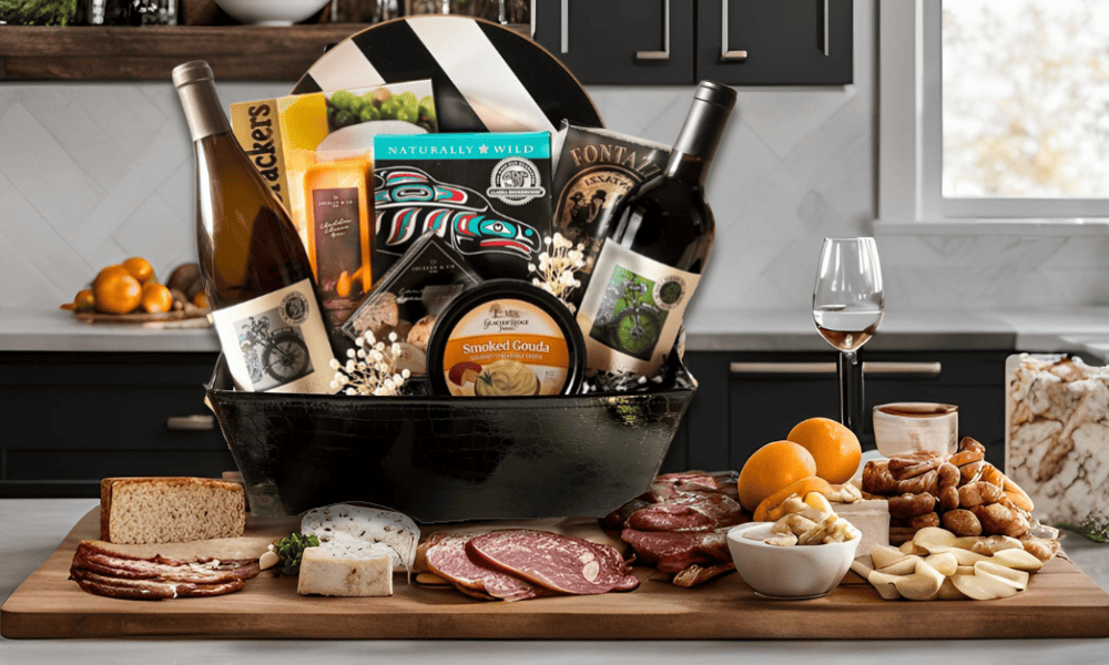 wine gift basket with mark ryan wine made in Washington includes: nuts, cheese crackers, chocolate and snacks.