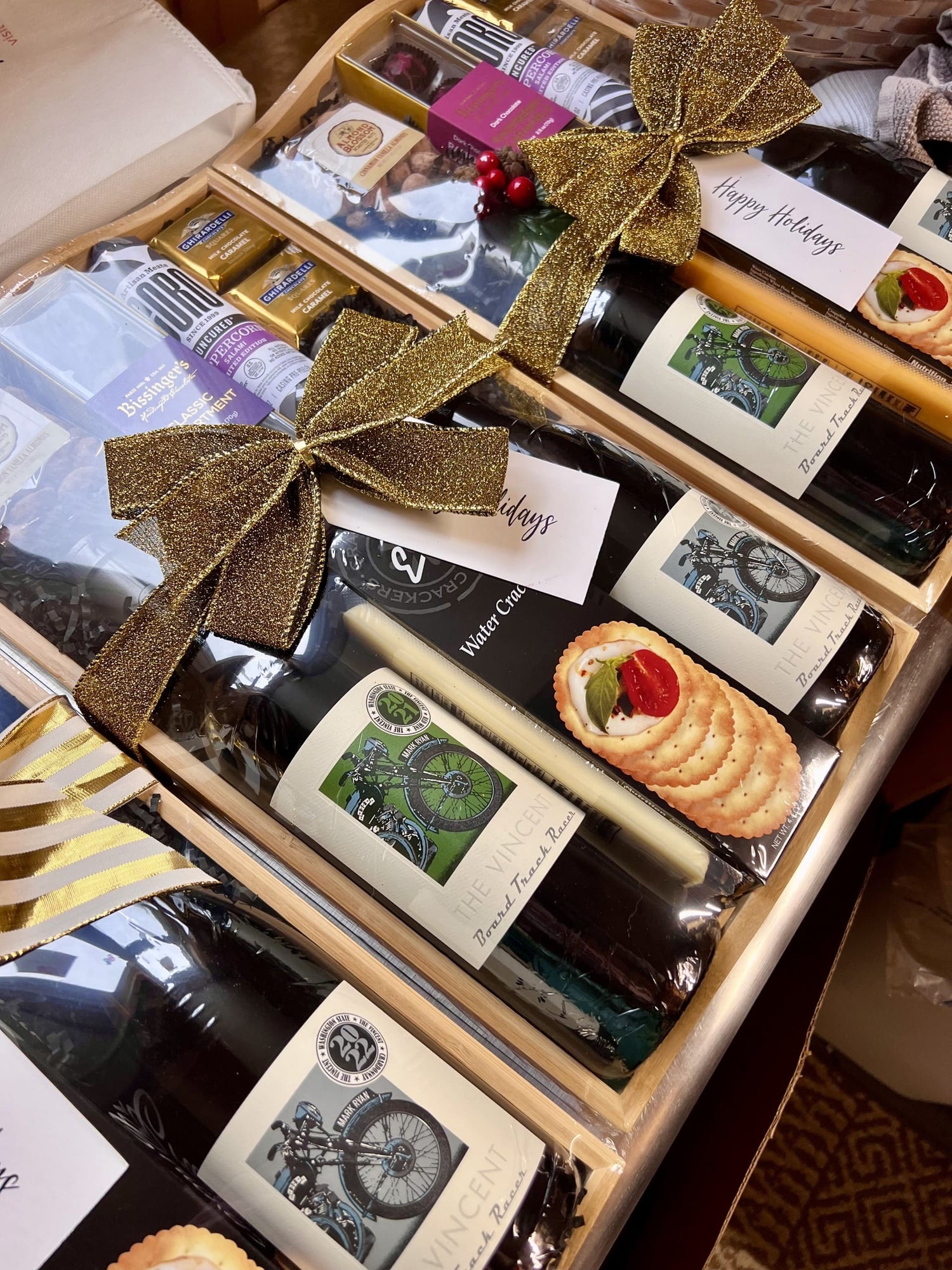 Washington wine gift basket with Mark Ryan wine, cheese, crackers, nuts, chocolates and snacks