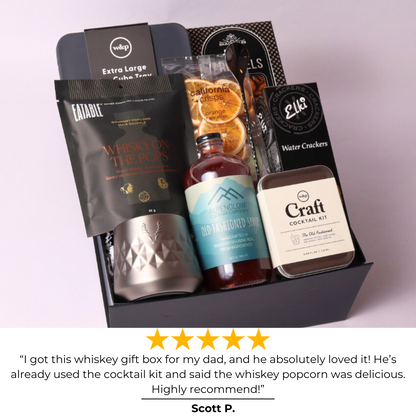 Whiskey-themed gift box elegantly packed with all contents, including Alpenglow cocktail syrup, tumbler, ice mold, and more, displayed with a glowing 5-star review.