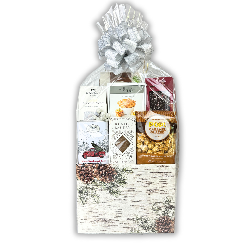 winter wonderland corporate gift basket filled with popcorn, crackers, chocolate, nuts and gourmet snacks made in Washington